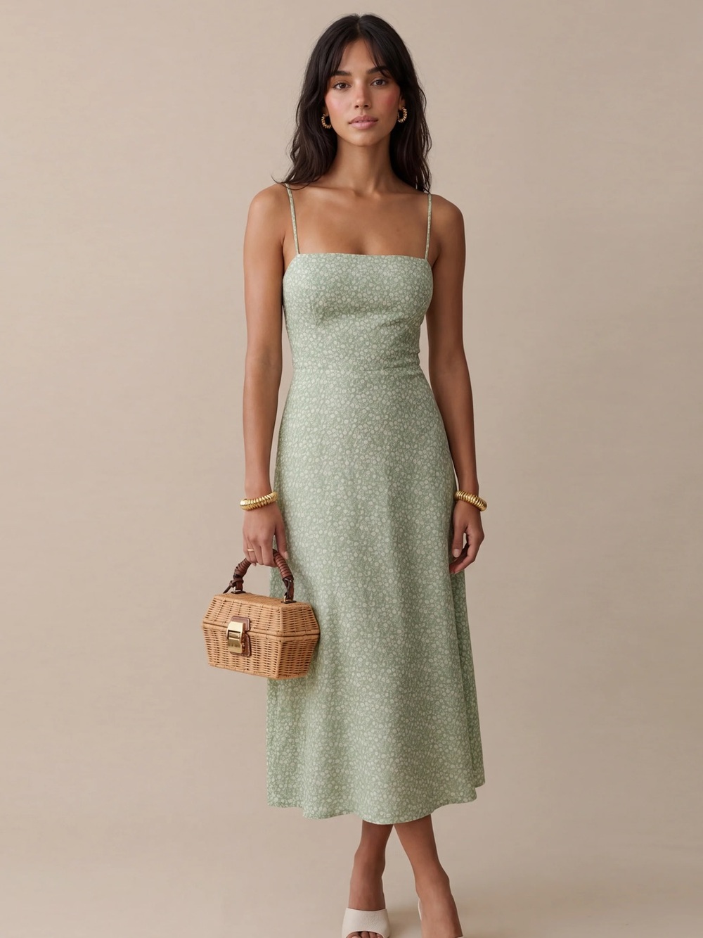Few Moda Maren Sage Green Floral Midi Dress - Size 0